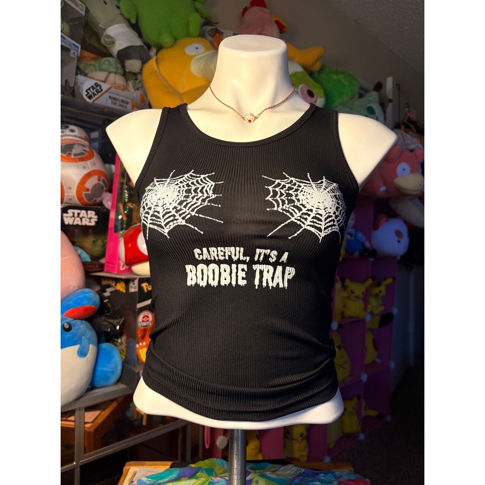 Y2K Grumpy & Gorgeous Black Boobie Trap Spider Web Ribbed Tank Top Small #5